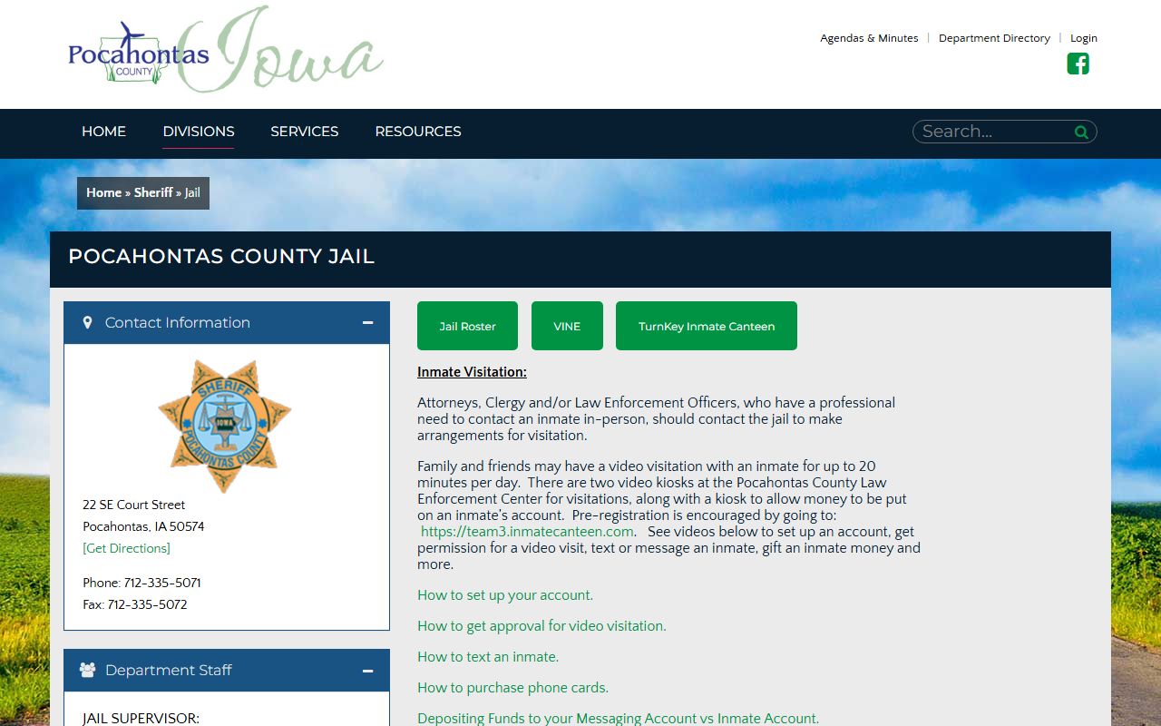 Pocahontas County Jail inmate roster and custody links on the official jail page